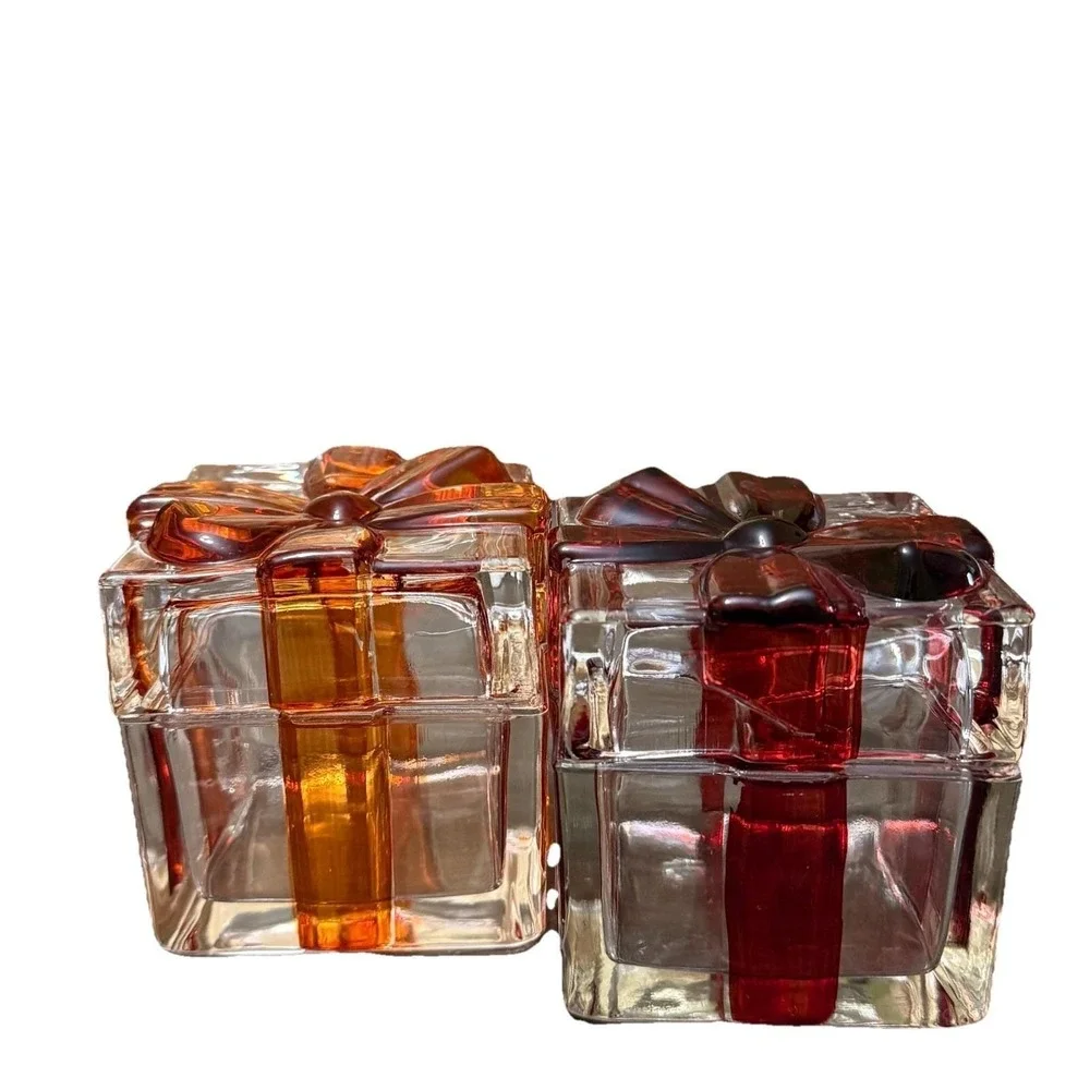 Vintage Glass Present Trinket Boxes Red & Orange Ribbon Gift Box Lot of 2